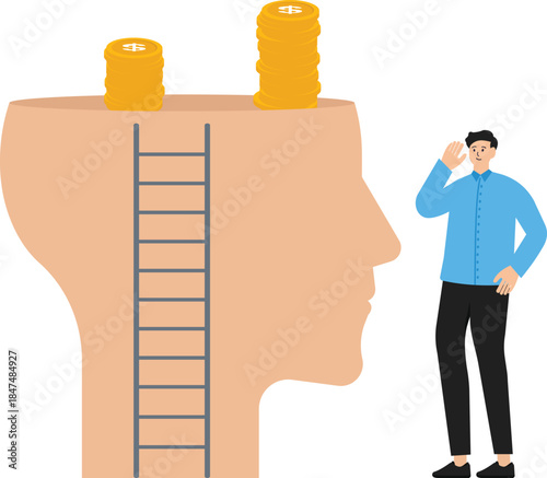 overcoming your limits and out of mind. Go beyond learning. Achieving success looking for new challenges. Businessman ladder from giant head.
