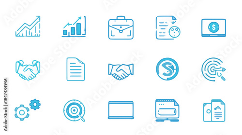 Dynamic collection of business and finance line icons for digital strategy, marketing success, financial growth, corporate management, and project development concepts