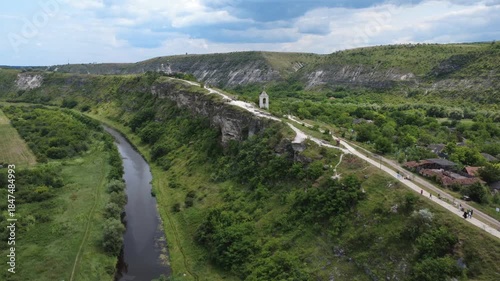 flying a drone above river in Old Orhei