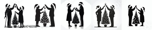 vector silhouette of old couple decorating a Christmas tree together