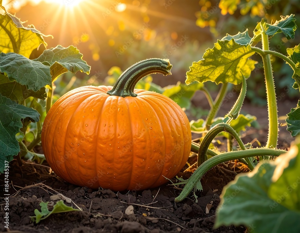Obraz premium Close-up of a vibrant orange pumpkin in a field with sunlit backdrop