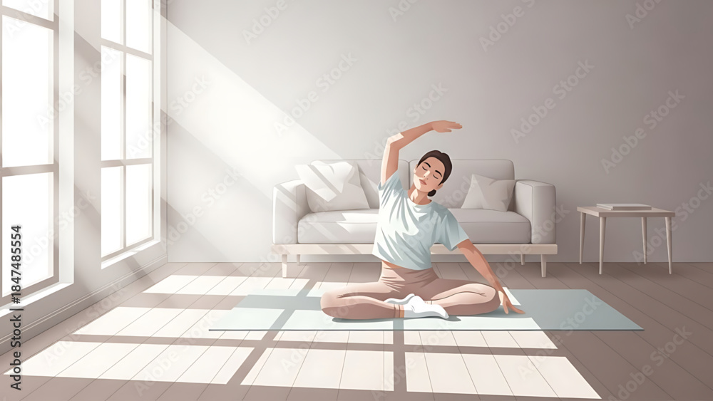 Fototapeta premium A woman practicing yoga in a sunlit room, embracing a healthy lifestyle with indoor exercises