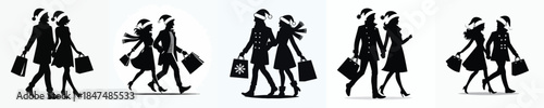 vector silhouette of a couple walking after Christmas shopping