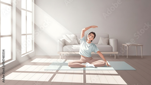 A woman practicing yoga in a sunlit room, embracing a healthy lifestyle with indoor exercises