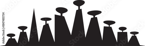 Silhouette of an alien city landscape with futuristic buildings on transparent background