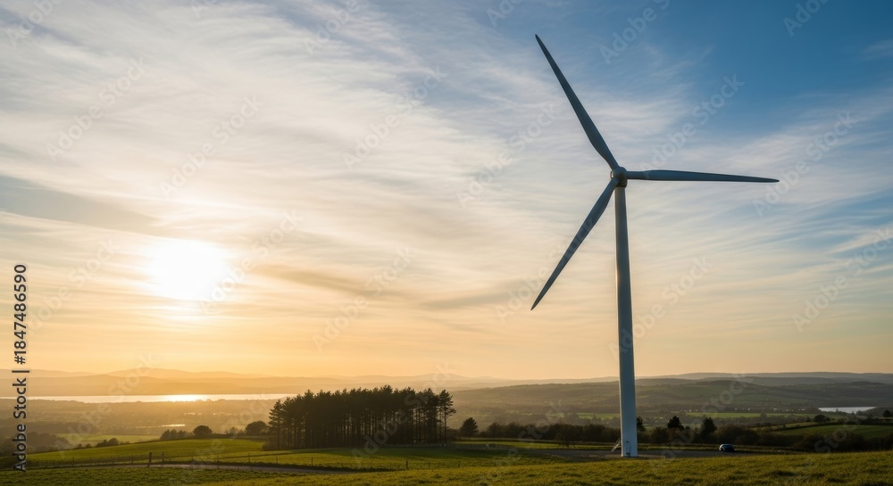 Obraz premium Wind turbine standing on a hill at sunset in a rural landscape with forest and water, representing renewable energy and sustainability.