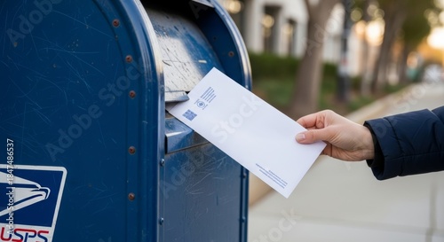 Woman putting white envelope into blue mailbox outdoors. Mail service and correspondence concept for communication and delivery.