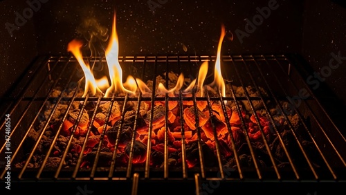 Barbecue Grill Embers with Flames and Sparks on Black Background