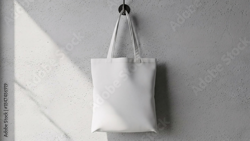 White Tote Bag Mockup Hanging on Hook Against Gray Wall with Sunlight