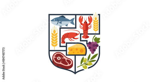Assorted food items illustrated in a heraldic shield design with seafood and produce elements