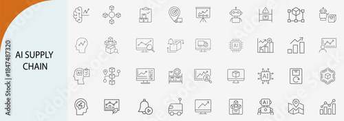 ai supply chain line icons set, artificial intelligence logistics and automation