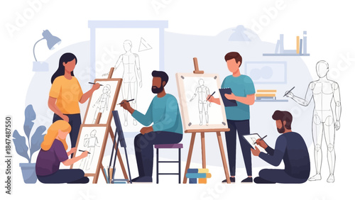 art students practicing figure drawing in a modern classroom environment with sketches and digital