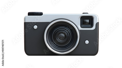A simple camera icon with a square body and a large central lens on a white background