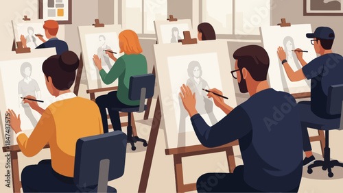 Artistic Drawing Class with Diverse Students Engaged in Portrait Sketching and Creative Expression