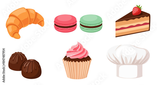 Assorted pastries and desserts illustration featuring croissants, macarons, cake, chocolates, and cupcakes from a top-down viewpoint