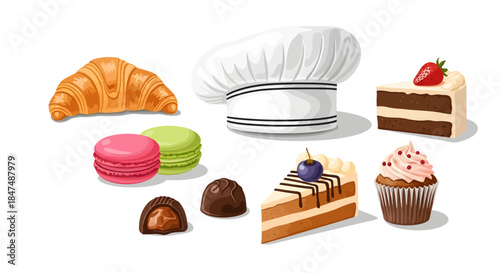 Assorted pastries and desserts displayed with a chef's hat on a clean background from a top view