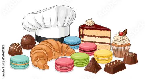 Assorted pastries and desserts displayed with a chef's hat in a bakery setting from a straightforward viewpoint