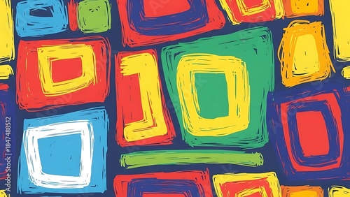 Colorful abstract geometric pattern with vibrant handdrawn squares and rectangles