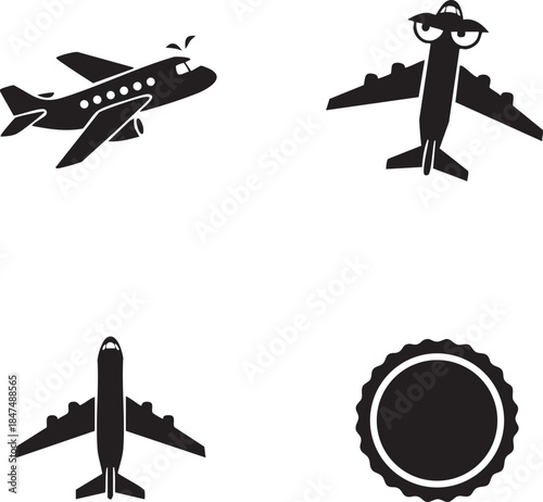 Aerial Transportation Icons Black Silhouette Set of Airplane Views and Circular Badge Design Element