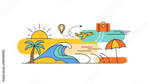 Travel Journey and Leisure: Embrace a vibrant artistic design that captures the spirit of exploration and leisure. Featuring essential elements such as sunshine, sea waves, hot air balloon.