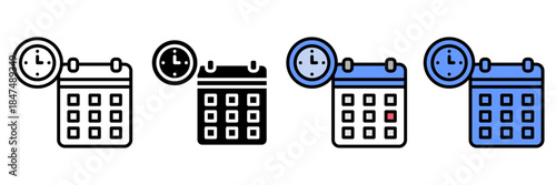 Planning Schedule Icon Set Multiple Style Collection. Calendar, Clock, Notebook, Checklist, Meeting, Reminder, Task List, Planner, Deadline, Appointment, Goal, Event, Priority, Progress, Strategy, Age