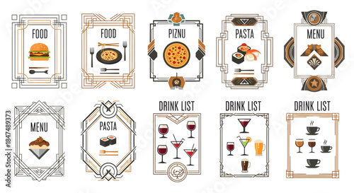 Collection of menu designs for food and drink establishments displayed on a clean white background