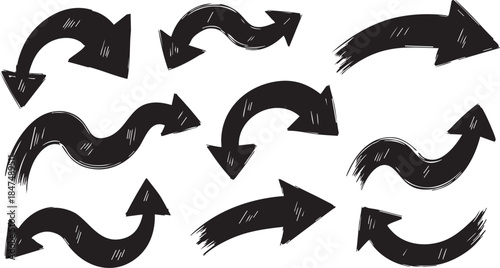 Dynamic collection of hand-drawn black arrow symbols showcasing various directions, perfect for indicating paths, choices, and visual guidance in creative projects and instructional designs, embodying