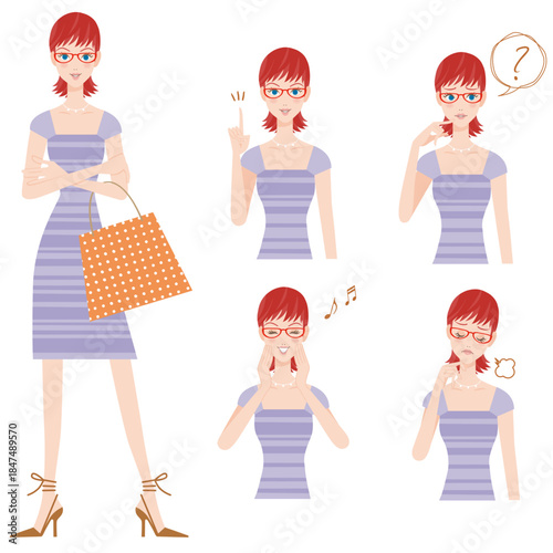 ワンピースを着て買い物をする女性と上半身で色々なポーズ