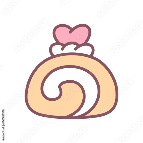 Cute swiss roll icon. Small roll cake with cream swirl and a heart garnish, rendered in gentle pastel tones. Kawaii sticker. Vector 10 EPS.