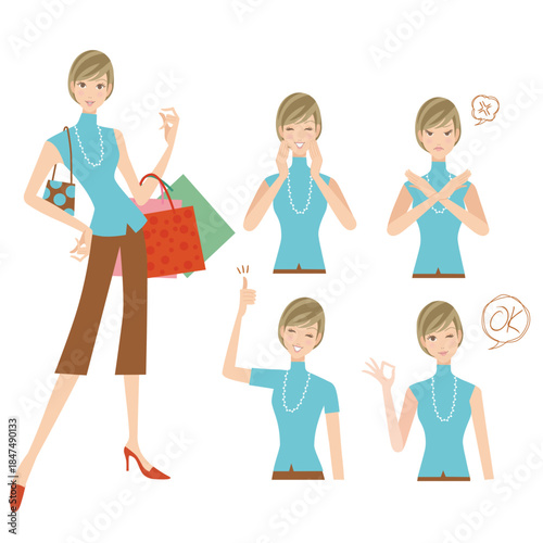 ノースリーブの洋服を着た買い物をする女性と上半身で色々なポーズ