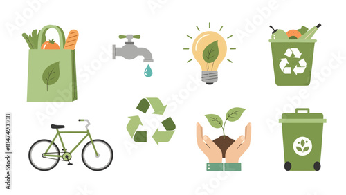 Eco-Friendly Symbols in Harmony: A collection of meticulously designed icons representing environmental sustainability, featuring a shopping bag, a water tap, an idea, a recycling bin, a bicycle.