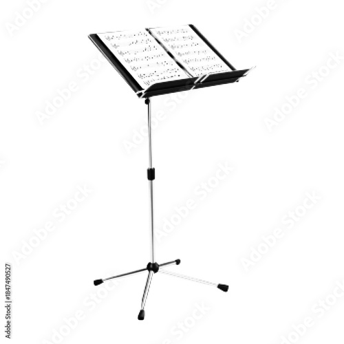 Halftone music stand icon in black and white. Minimal dotted illustration of a sheet music stand isolated on white, suitable for music education, concert, rehearsal, and graphic design.