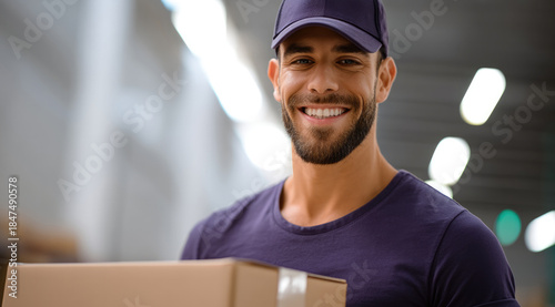 Smiling delivery worker holding package in modern warehouse, wearing purple uniform and cap, bright lighting, cheerful mood