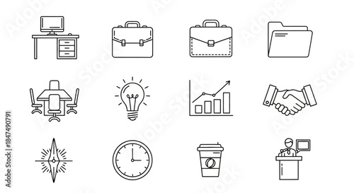 Set of twelve line art business and office icons including desk, briefcases, folder, conference table, idea, growth, handshake, compass, clock, coffee, and presentation.