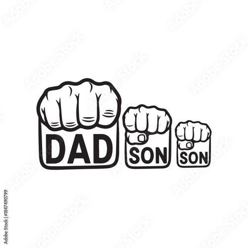 Black and white illustration of three fists with dad and son text on each