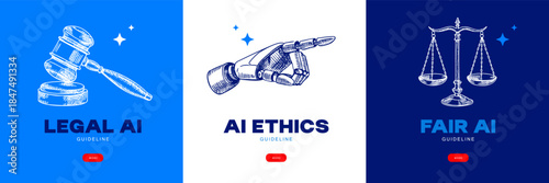 Banner set with sketch halftone robots hand and law icons. Artificial intelligence regulation. Stop AI message, ethics, legal concept. Vector hand drawn illustration