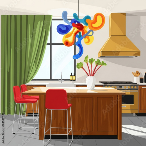 Modern kitchen interior with colorful abstract chandelier island with bar stools and green curtains contemporary home design