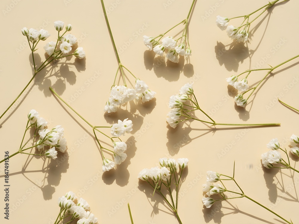 Naklejka premium Delicate white baby's breath flowers scattered on a light beige background with shadows
