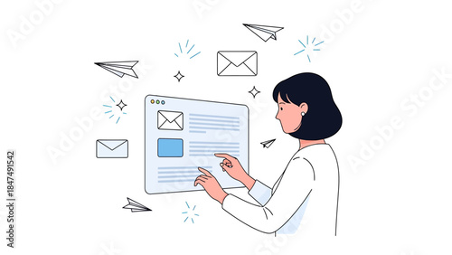 Young woman interacting with a digital interface displaying emails.