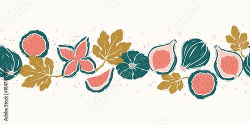 Green Figs and Leaves Seamless Border Pattern. Fruit Horizontal Banner. Hand drawing Vector illustration
