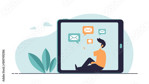 Man sitting and looking at tablet with messages.