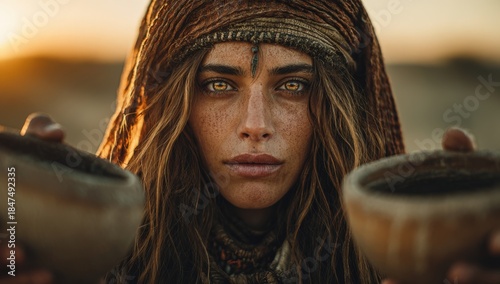 Wallpaper Mural Young woman with long hair and striking eyes holds two clay bowls, dressed in earthy tones, set against a warm sunset, embodying cultural heritage and craftsmanship Torontodigital.ca