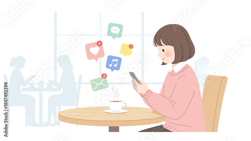 Young woman engrossed in smartphone notifications at cafe table.