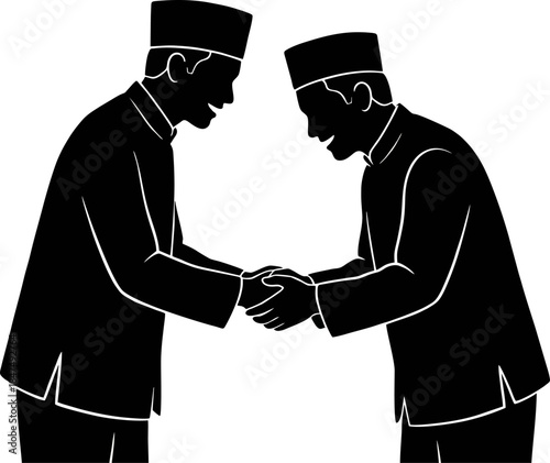 Eid Mubarak Greeting Silhouette. Two Muslim Men Shaking Hands for Forgiveness and Silaturahmi Vector