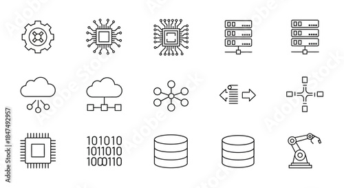 A collection of line icons representing various concepts in technology, data processing, cloud computing, and industrial automation.
