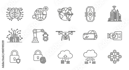 A comprehensive set of line icons representing various modern technologies and digital concepts, including AI, IoT, robotics, cloud computing, and cybersecurity.