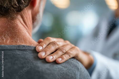 Close-up of an elderly man with gray hair receiving a comforting touch on his shoulder from a healthcare professional in a clinical setting, conveying care and support