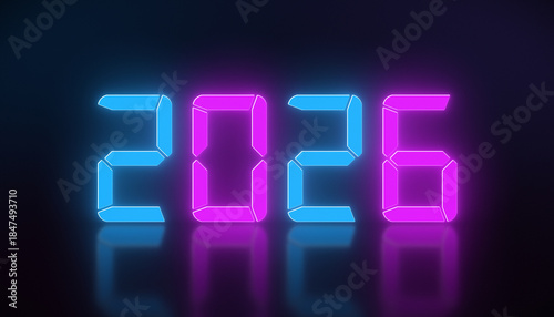 Illustration of an LED display in blue and magenta with the new year 2026 on a reflective floor - represents the new year 2026 - vacation concept.
