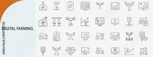 digital farming line icons set, smart agriculture and agritech automation symbols