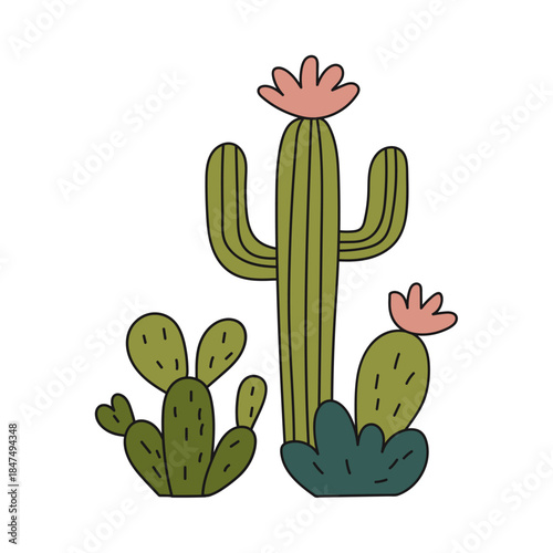Green Saguaro and Prickly Pear Cacti with Pink Desert Blooms